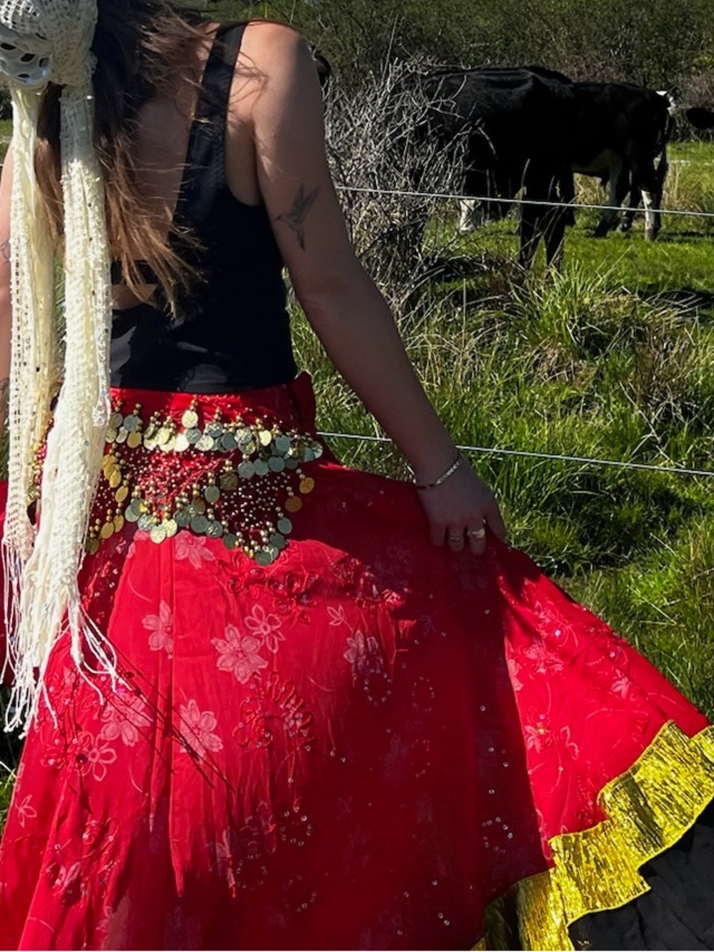 La SENZA Red Tiered Maxi Skirt with Gold and Black Bands - Picture 3 of 5